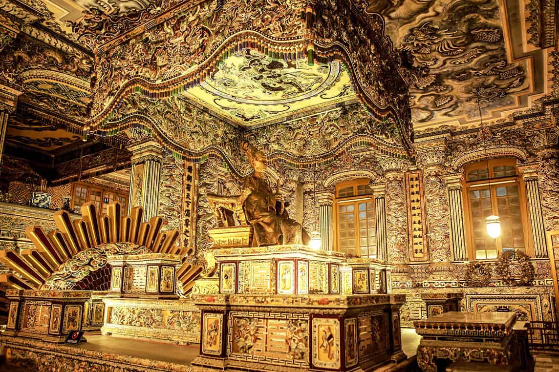 Inside Khai Dinh Tomb, which features unique architecture