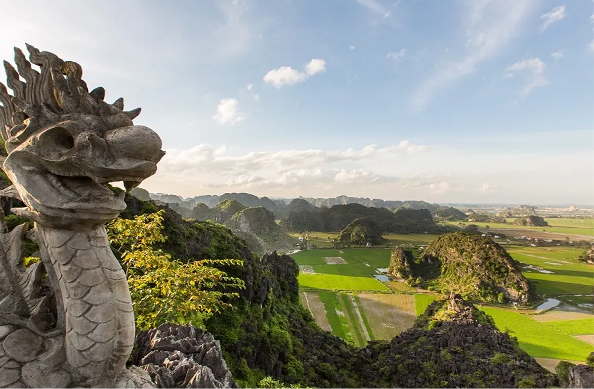 Panoramic view of mountains and rivers from Mua Cave.