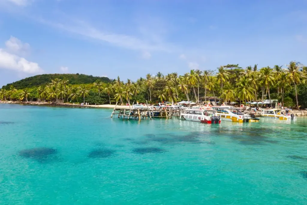 Sunny beach in Vietnam during dry season with clear blue sky