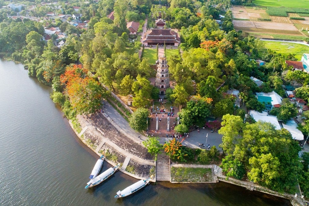 Thien Mu Pagoda overlooking the river with peaceful surroundings