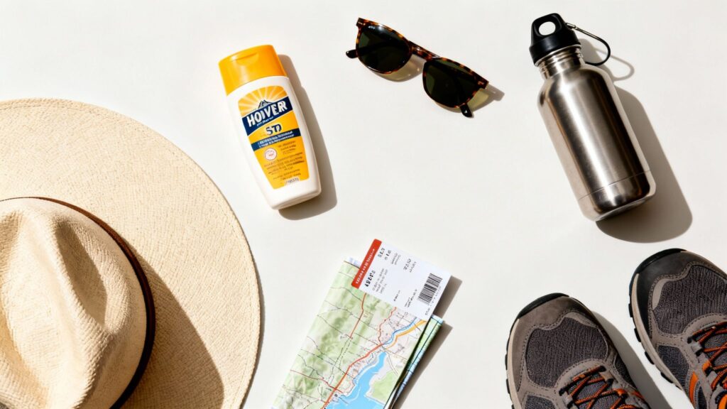 Travel essentials including cash, sunscreen, and backpack