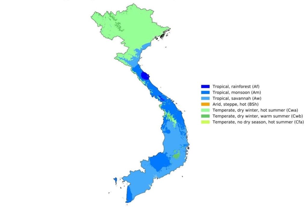 Vietnam map showing different climate regions from north to south