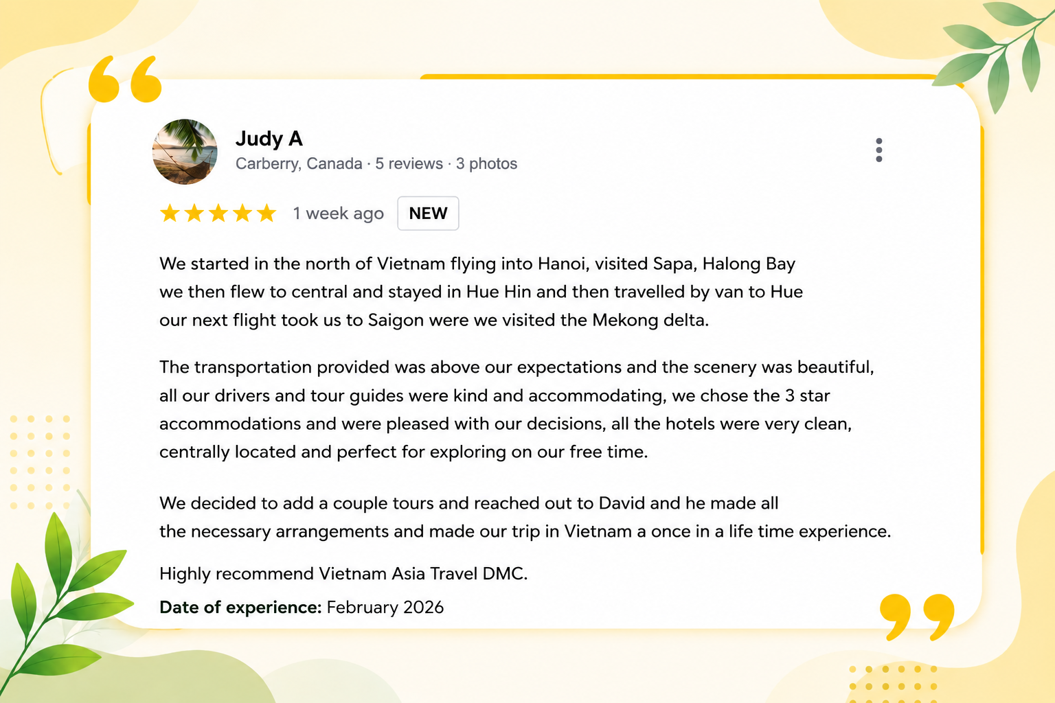 Judy A And Her Group’s Vietnam Journey of Vietnam Asia Travel after a 15-day from Hanoi to the Mekong Delta.