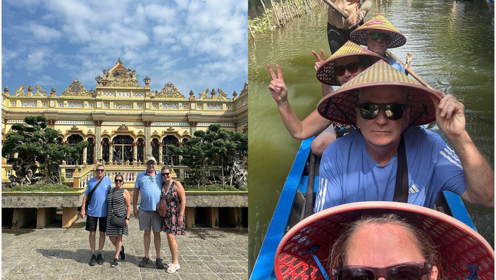 Travelers exploring the Mekong Delta by traditional boat and visiting local cultural sites during their Vietnam tour.