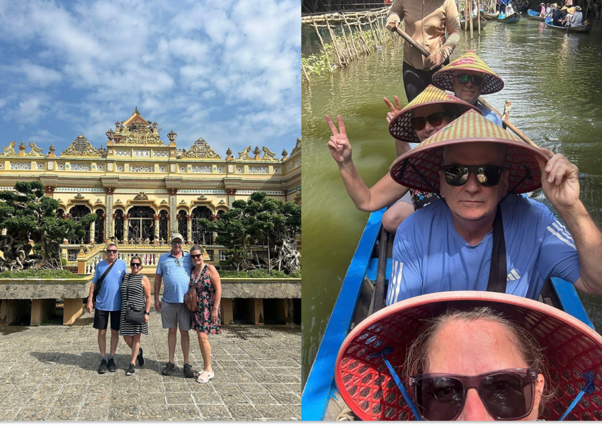 Travelers exploring the Mekong Delta by traditional boat and visiting local cultural sites during their Vietnam tour.