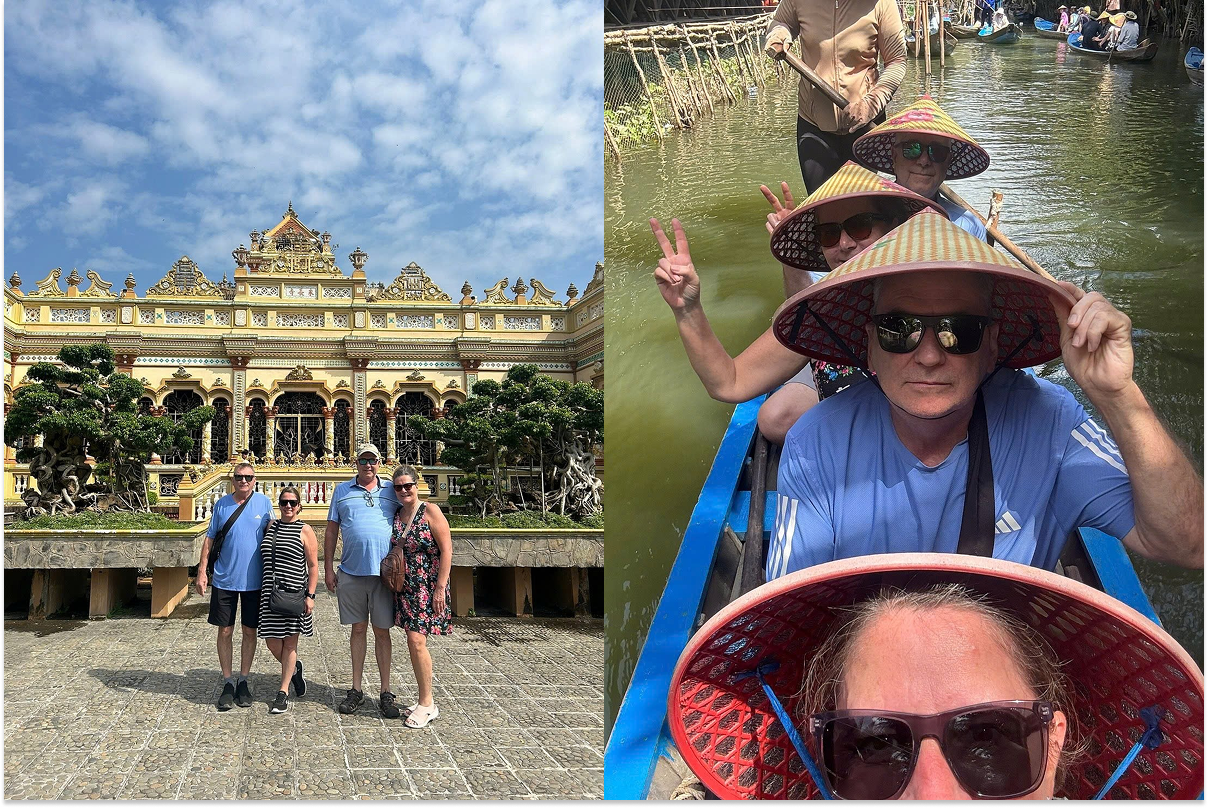 Travelers exploring the Mekong Delta by traditional boat and visiting local cultural sites during their Vietnam tour.